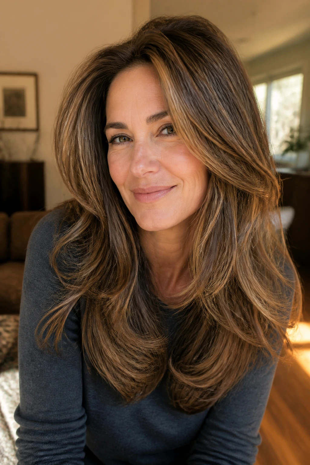 Close-up of a real woman with thick hair showing weight-removing layers.