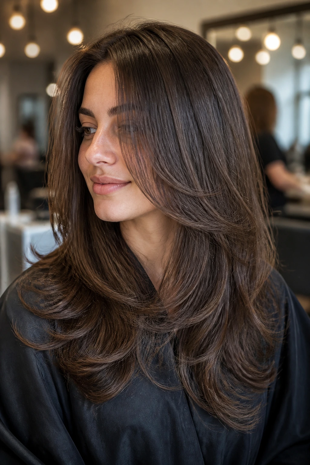 Real-woman portrait showing weight-removing layers on thick hair
