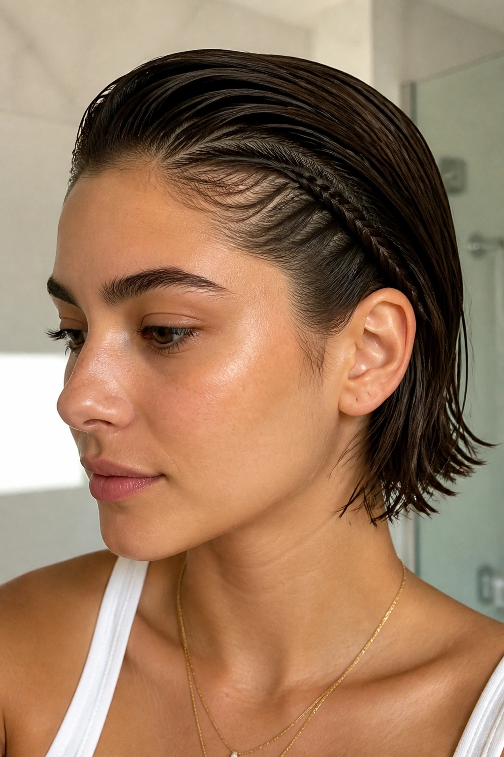 Close-up of a real person's temple braid with damp hair in a bathroom