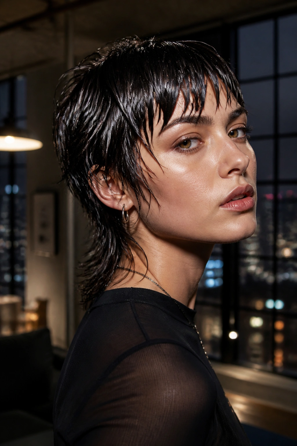 Close-up of a real person with Wet-Look Bixie Wolf Cut and glossy, damp silhouette.
