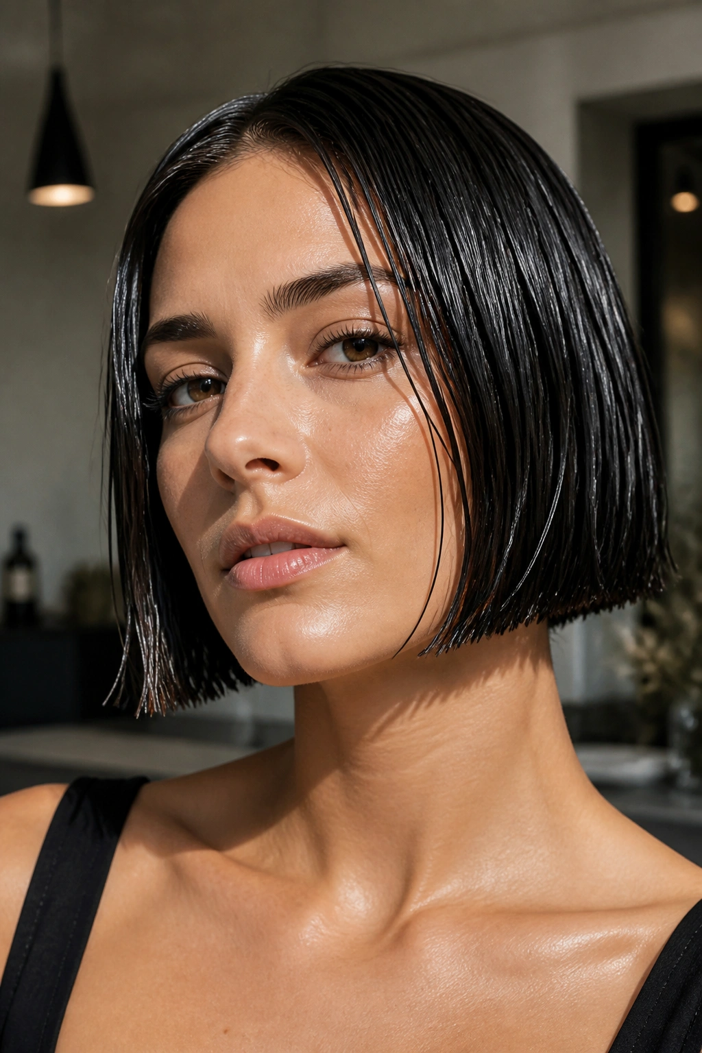 Close-up of a real woman with a wet-look blunt bob and glossy finish
