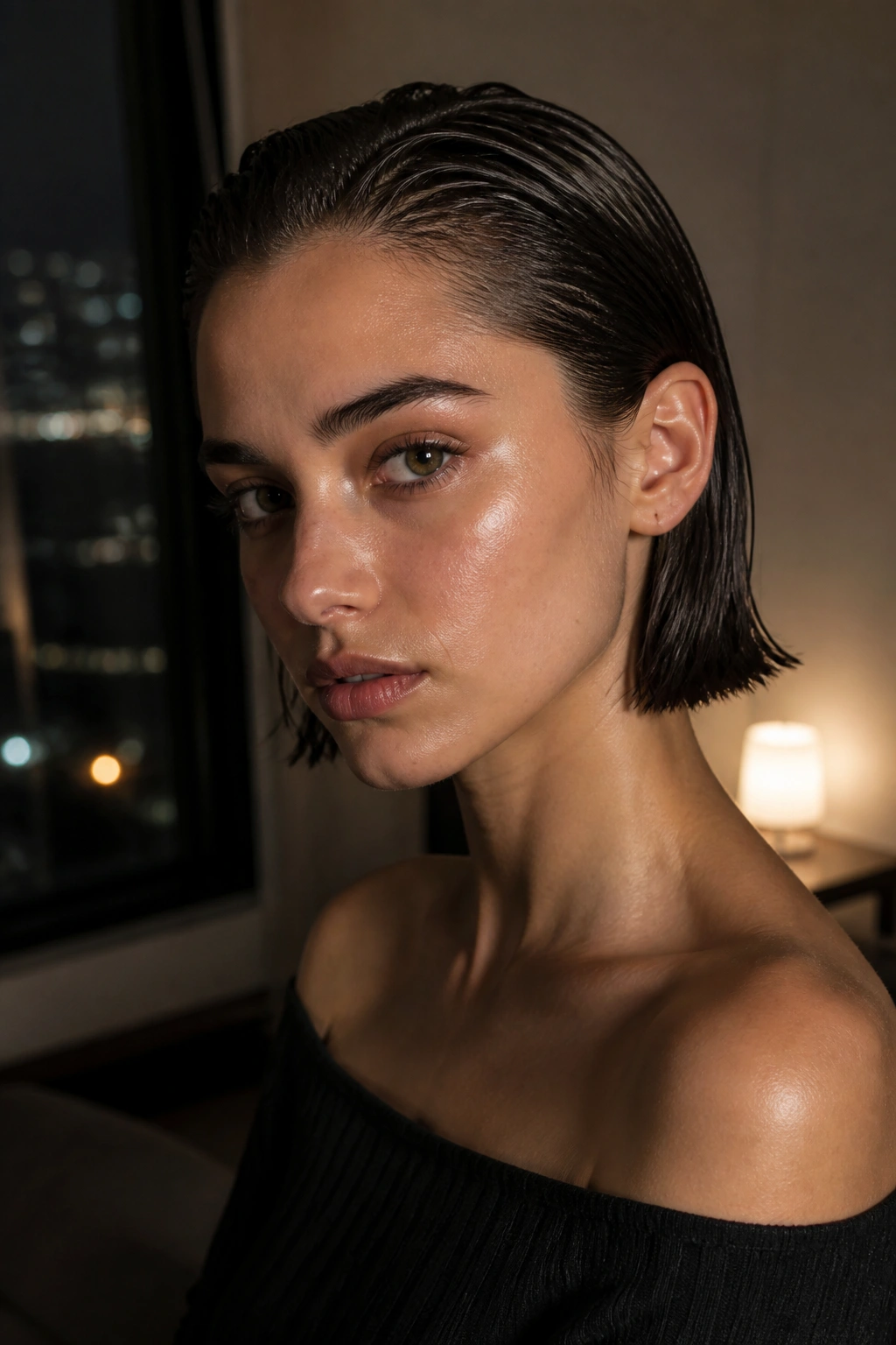 Close-up portrait of a real person with a wet-look bob hairstyle