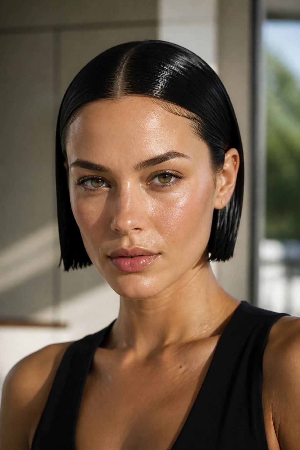 Portrait of a woman with a wet-look sleek bob and high shine