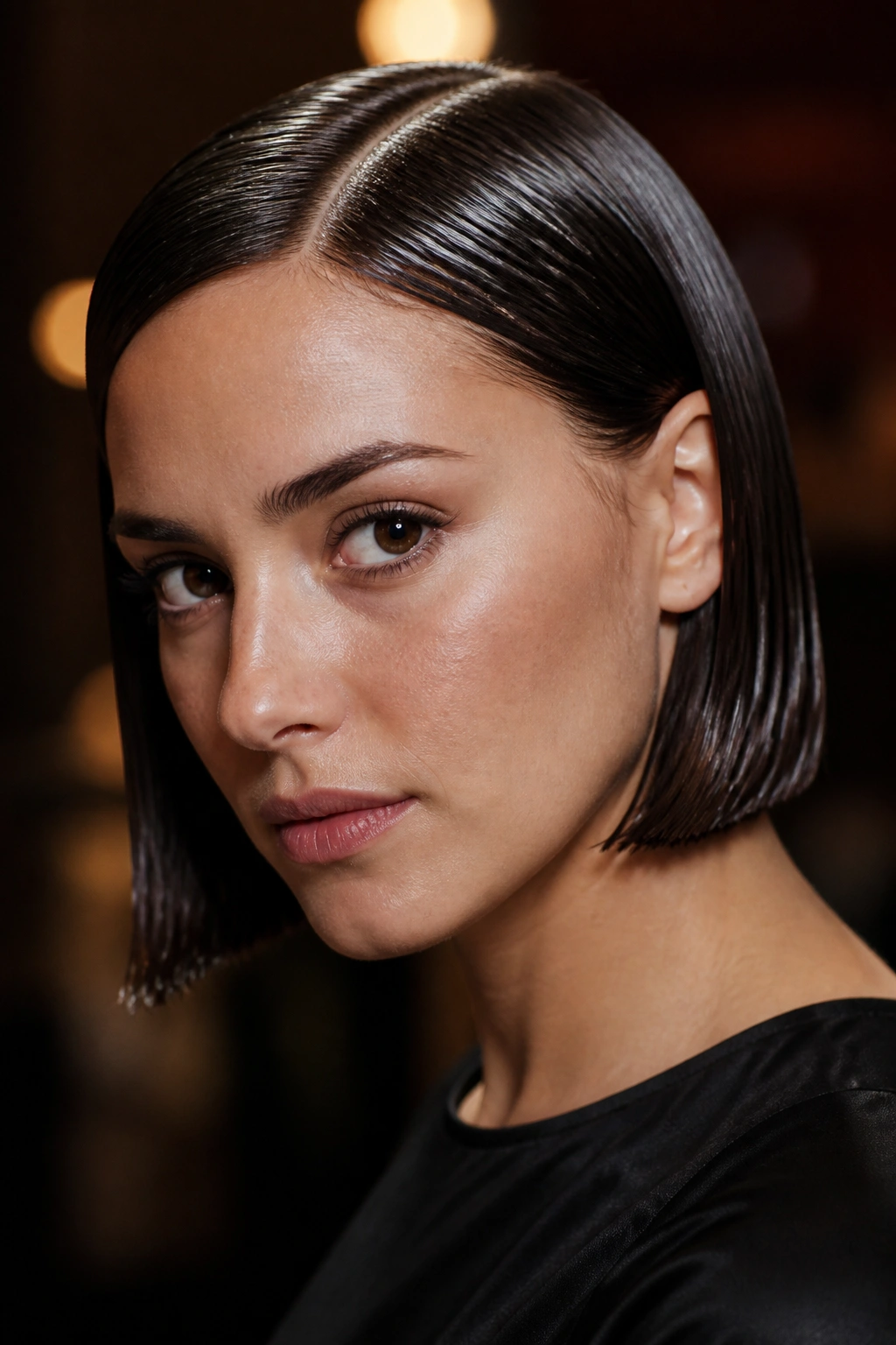 Close-up of real person with glossy wet-look chin-length bob
