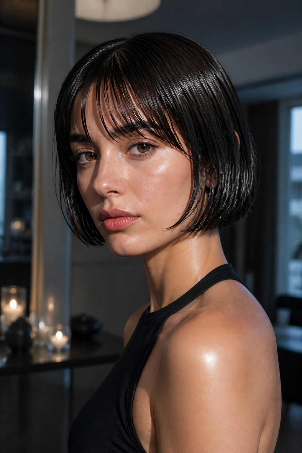 Real woman with wet-look glossy French bob close-up portrait