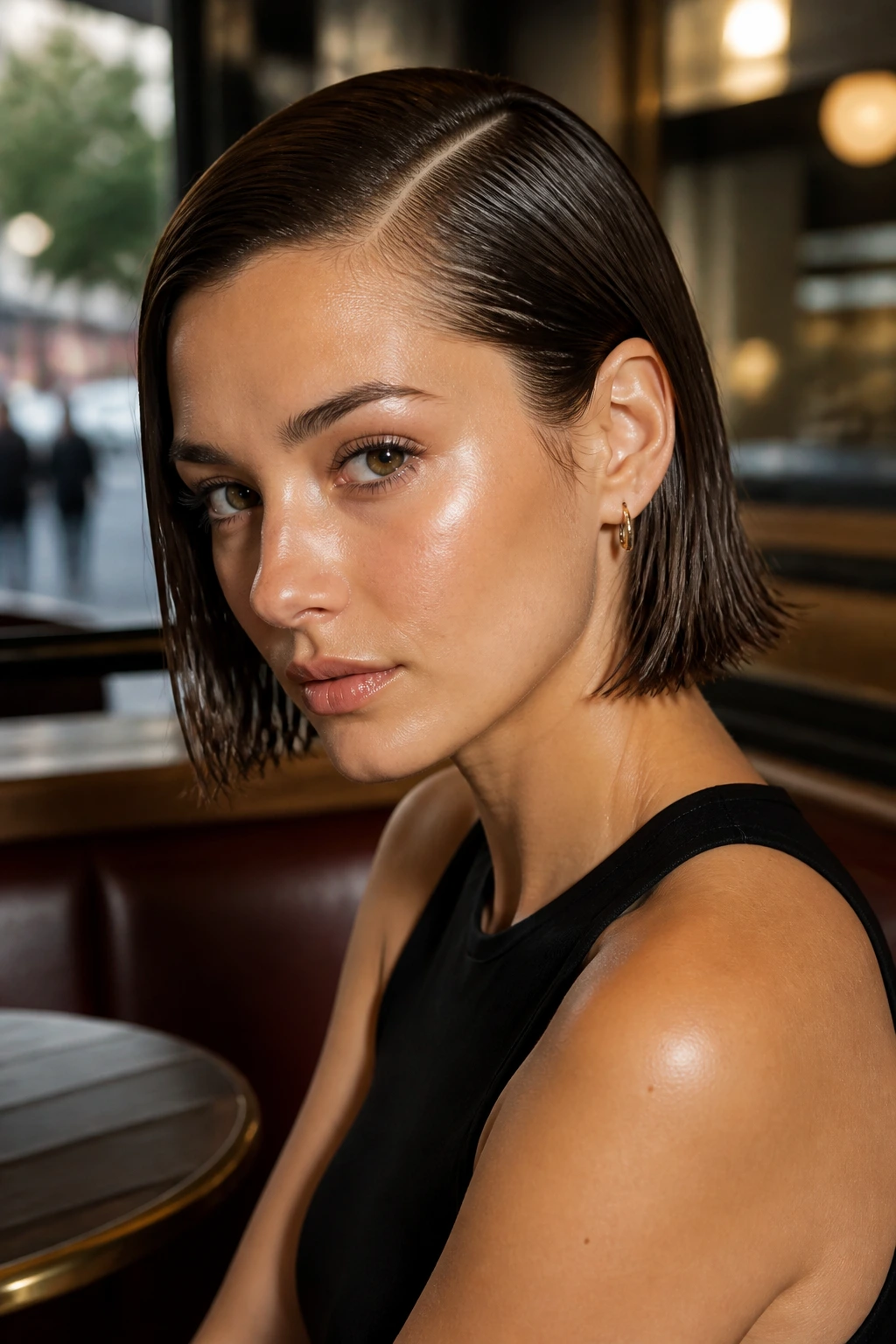 Close-up of a real woman with a wet-look bob and glossy hair