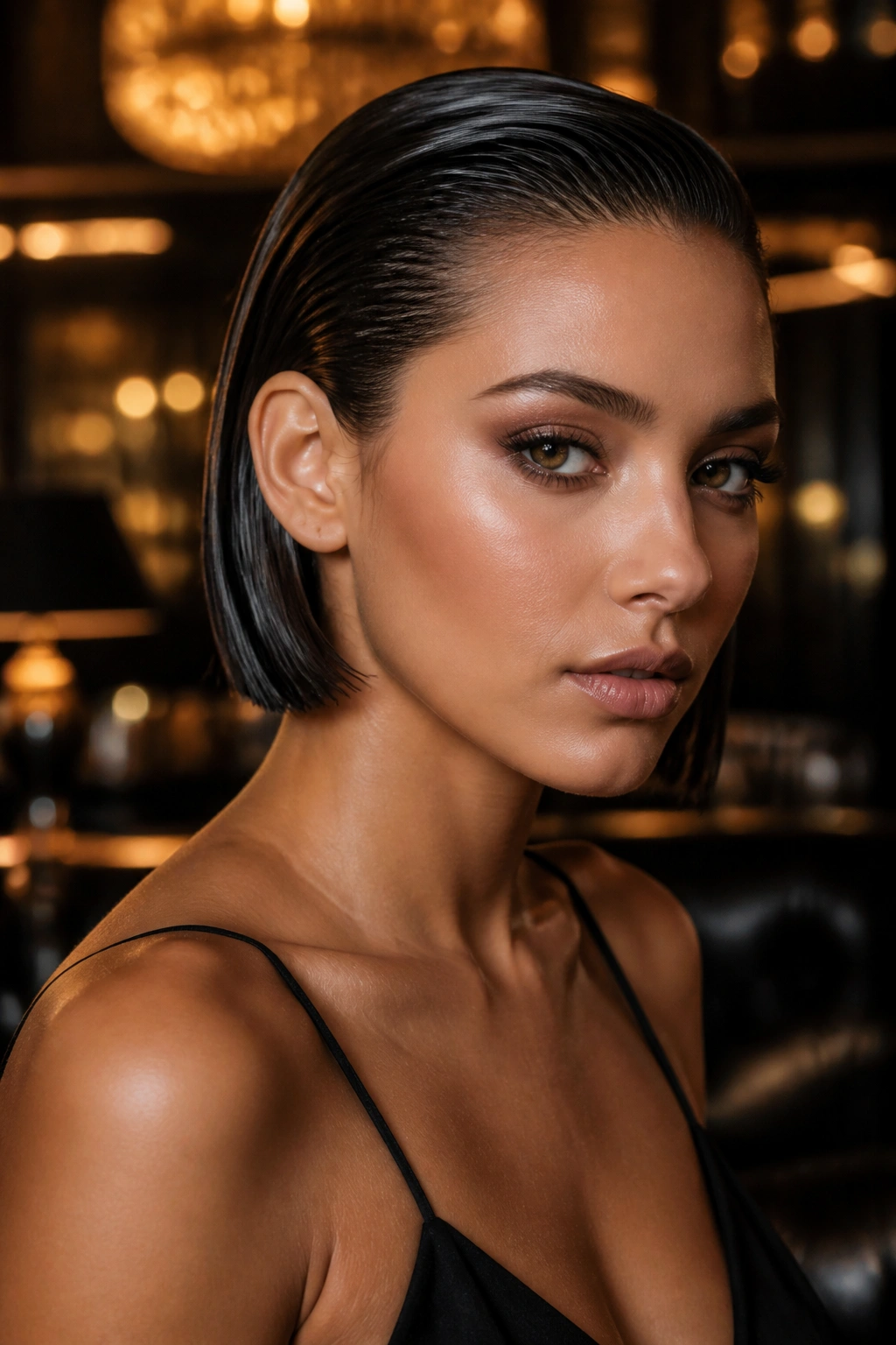 Close-up of a real woman's glossy wet-look bob in an upscale lounge setting