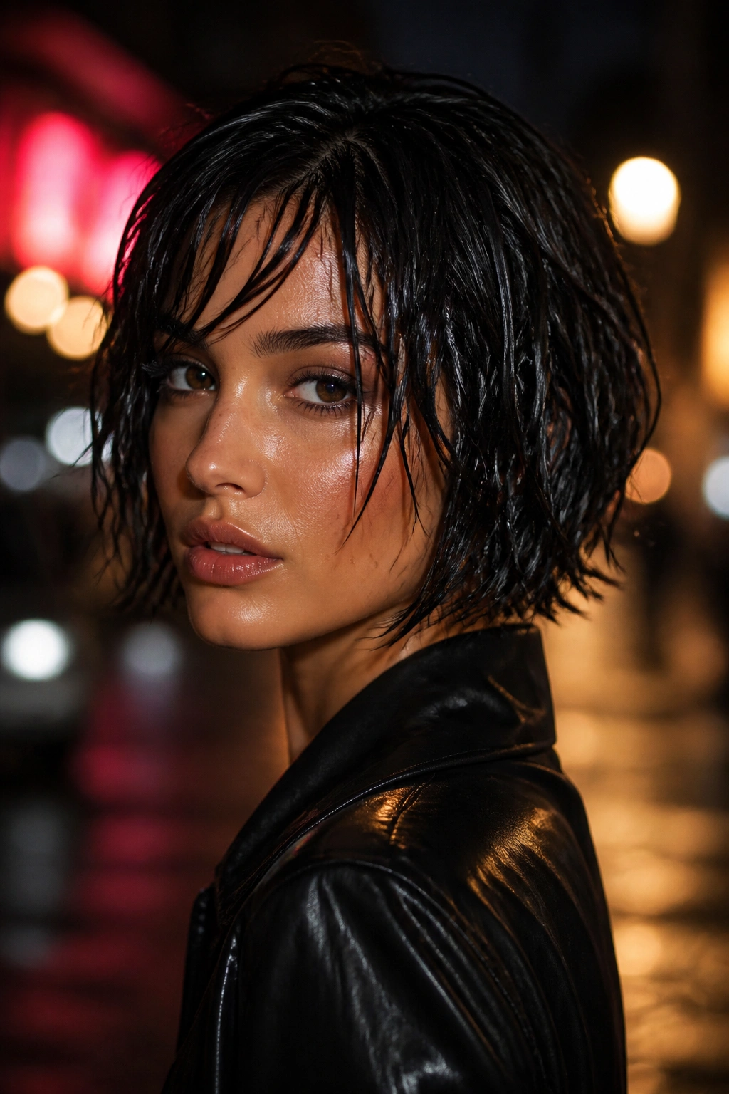 Real woman with wet-look choppy bob in a night-out setting.