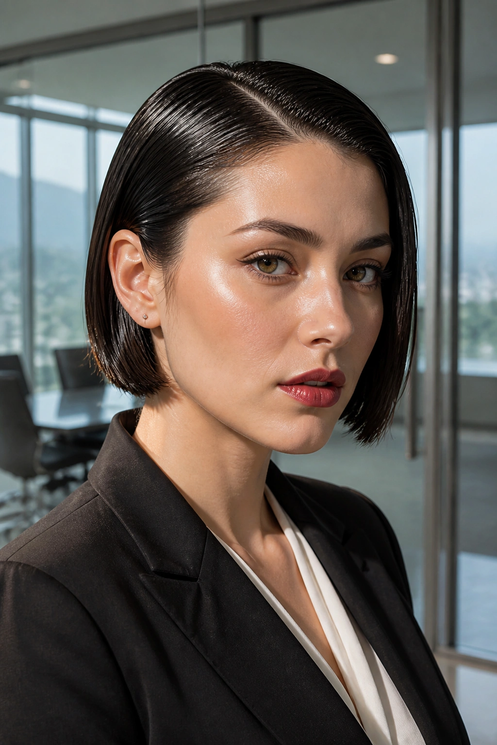 Real person wearing a wet-look bob in a glass meeting room