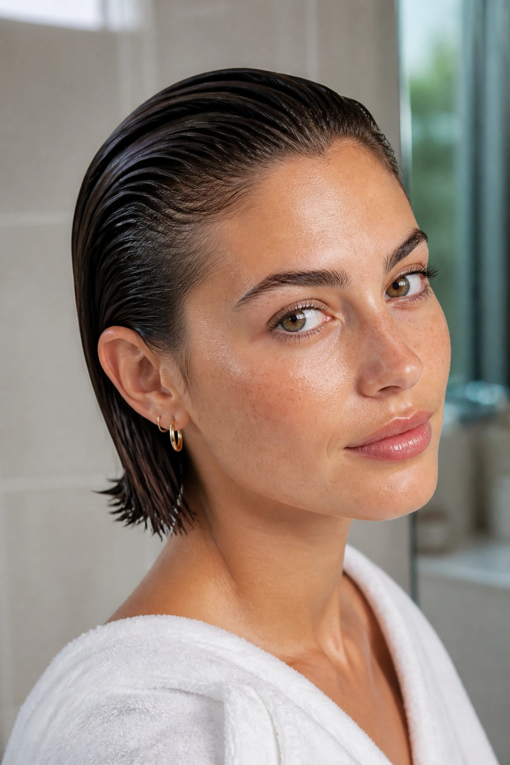Close-up portrait of a real woman with a wet-look bob in bathroom light
