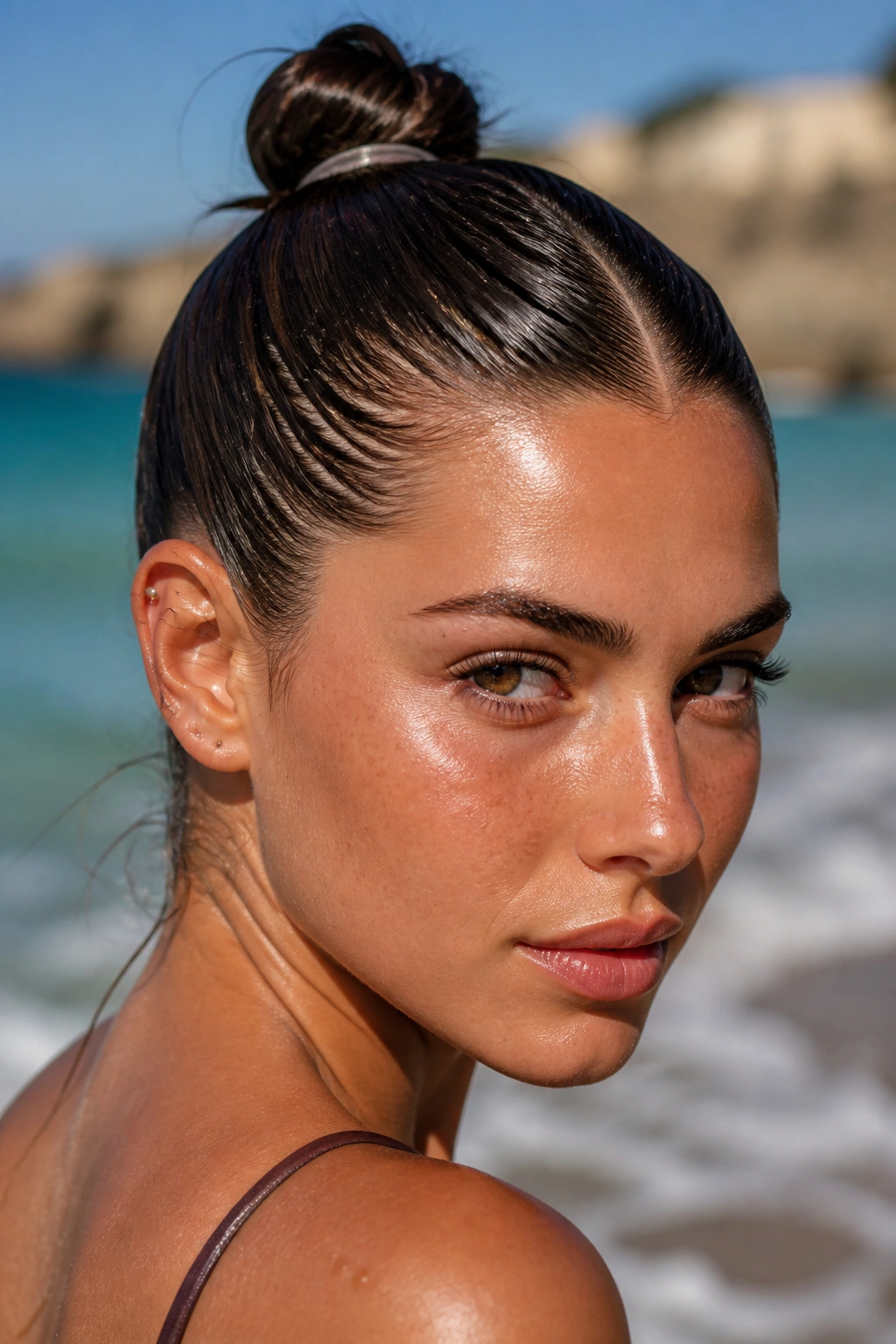 Close-up of a real woman with a wet-look mini bun and center part on the beach