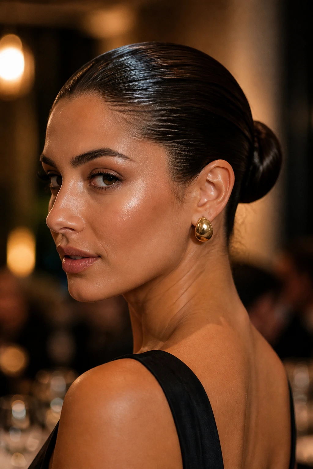 Close-up of a real woman with a glossy wet-look bun at the nape