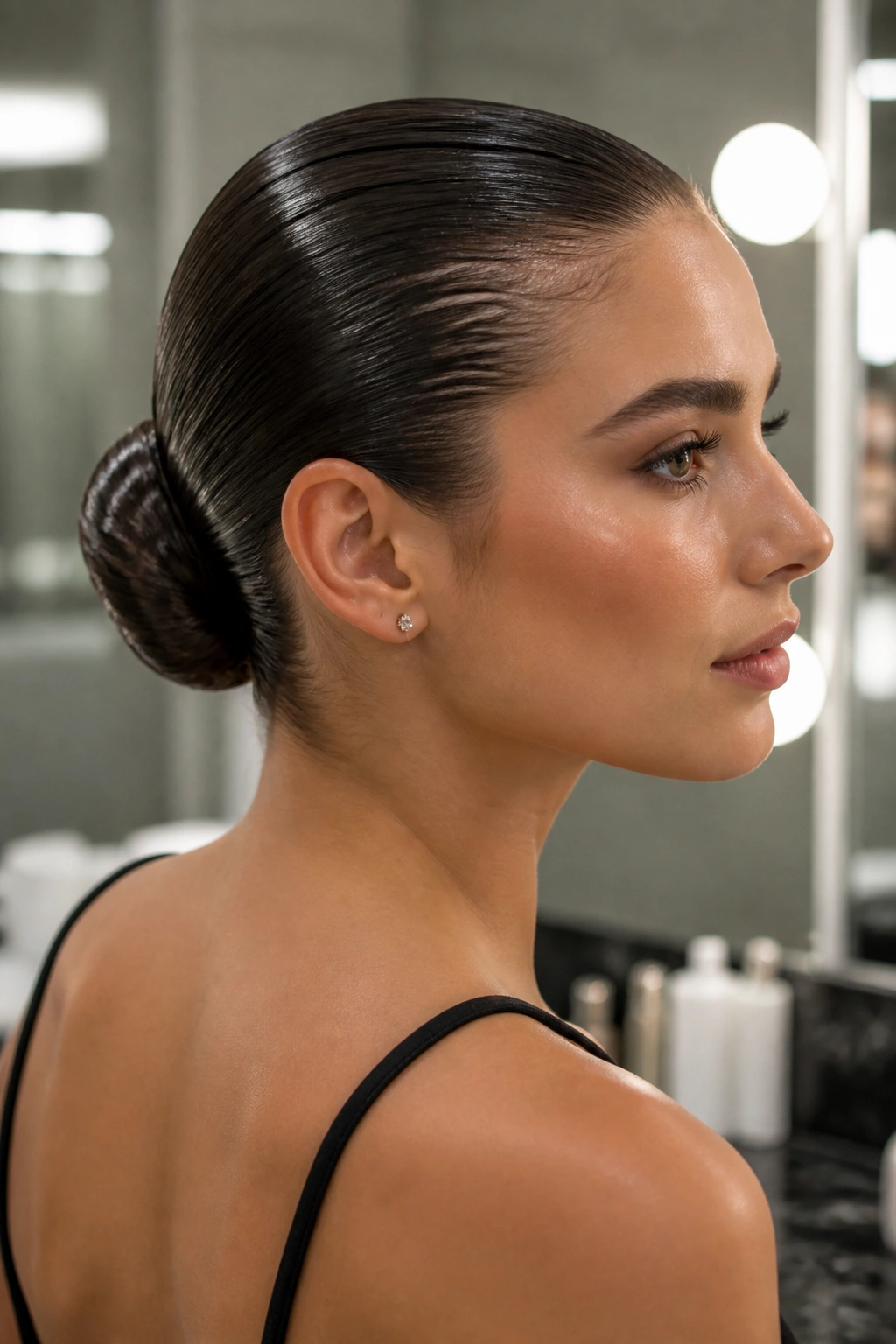 Close-up of a wet-look ballet bun on a real person.