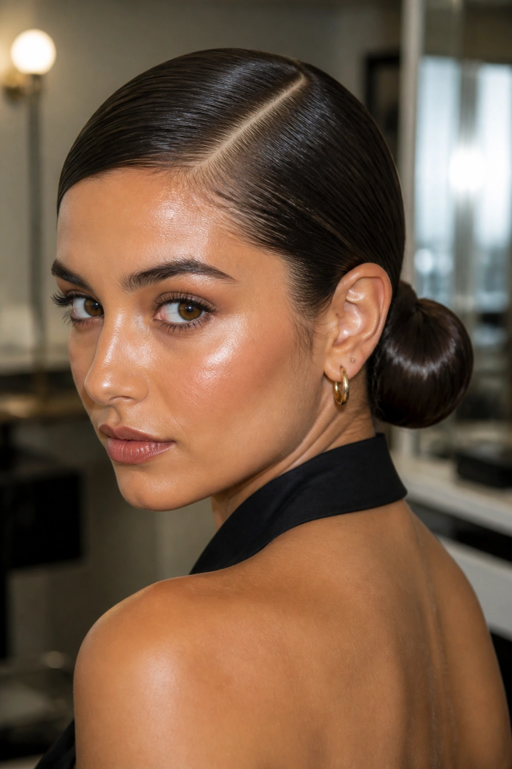 Close-up of a real woman with a sleek wet-look bun and side part