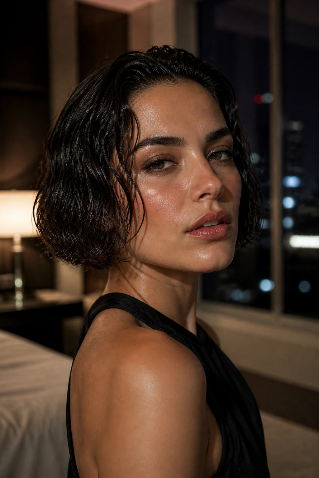 Close-up of real woman with wet-look crinkle bob showing glossy roots and defined bends in a moody hotel room.