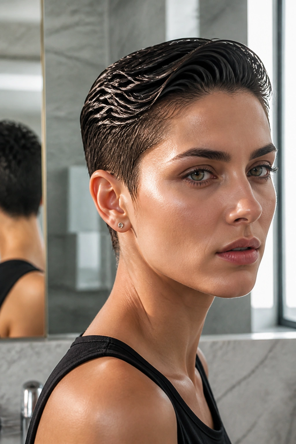 Close-up of a real person with a glossy wet-look crop