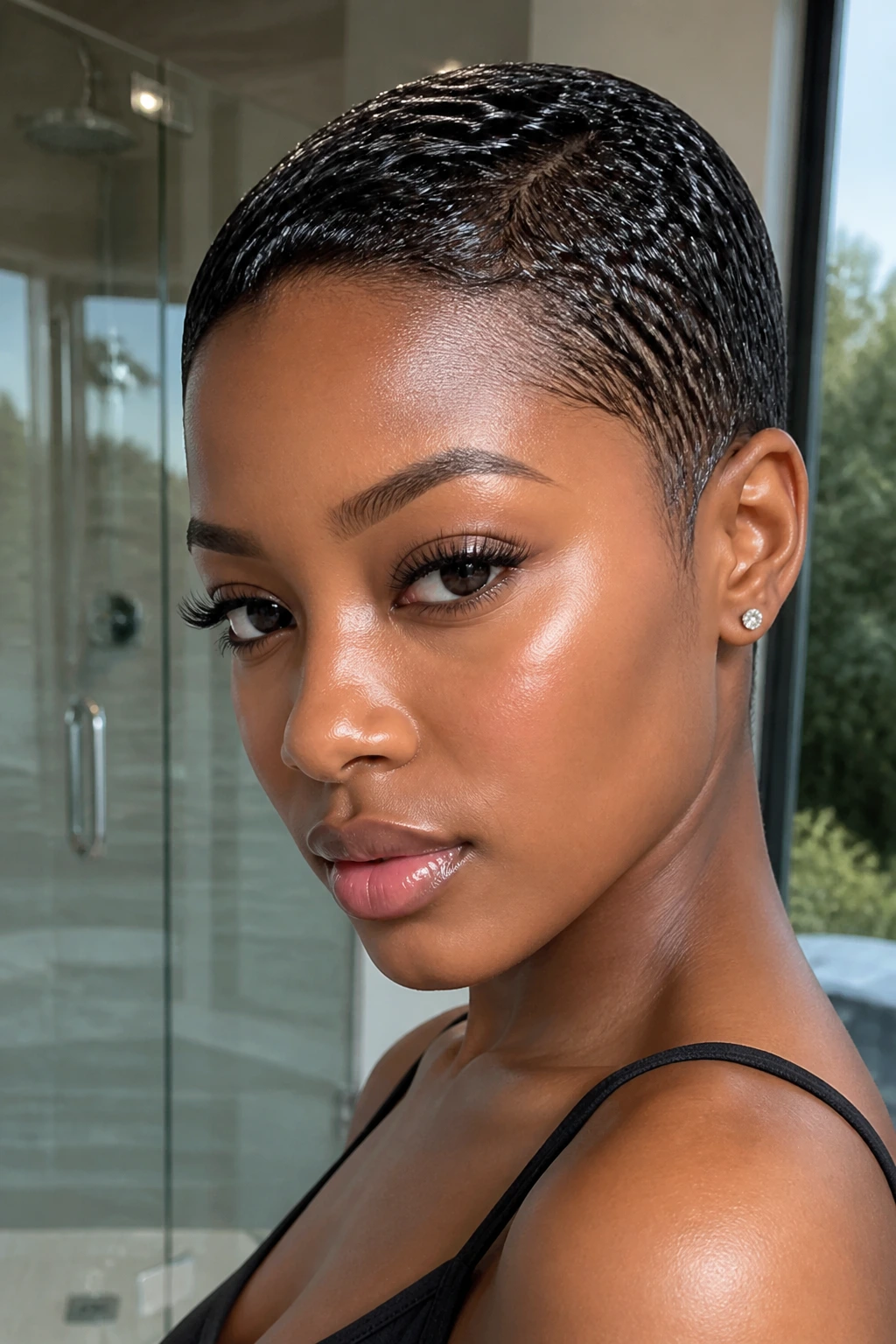 Close-up of a real Black woman with a glossy wet-look mini crop.