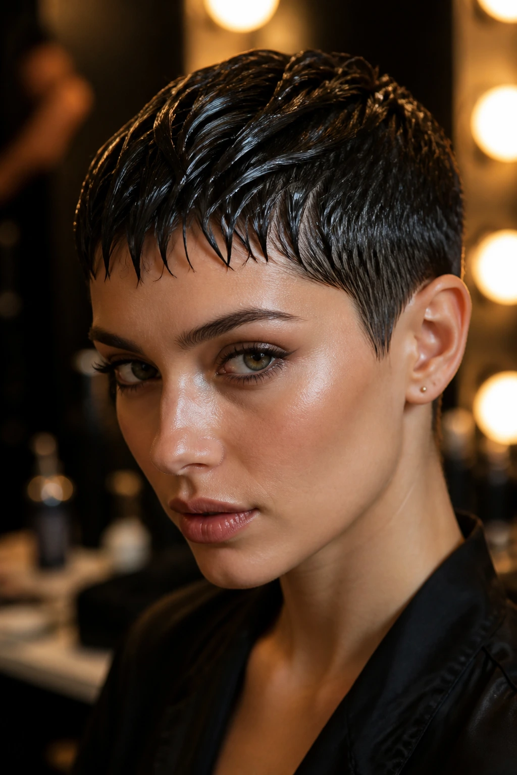 Close-up portrait of a real person with a glossy wet-look crop, tight sides and defined fringe.