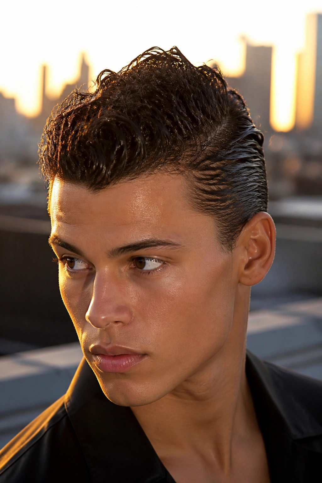 Close-up portrait of a real person with a wet-look faux hawk for curly hair, glossy center ridge