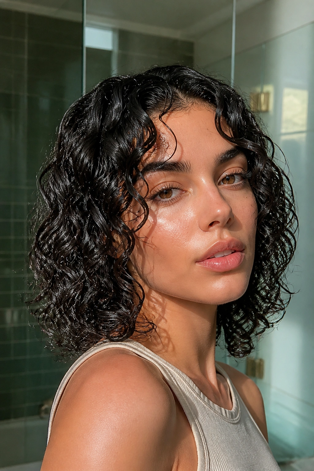 Close-up of real person with glossy wet-look curls in a bright bathroom