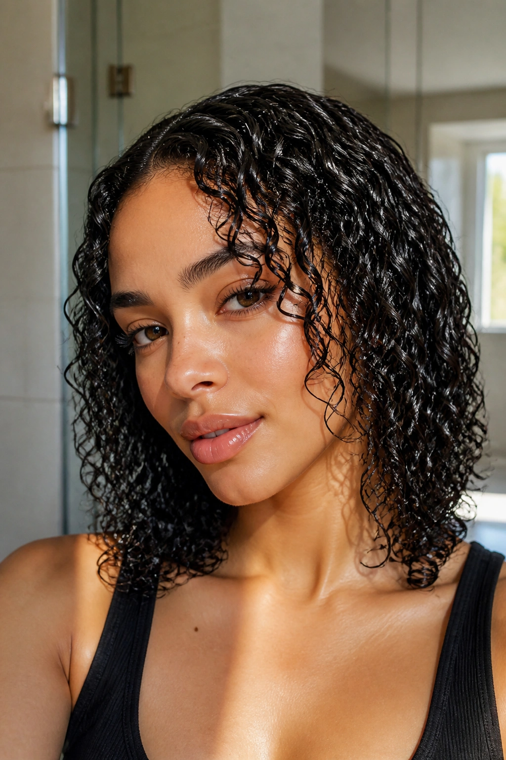 Real person with glossy wet-look defined curls in a bright bathroom