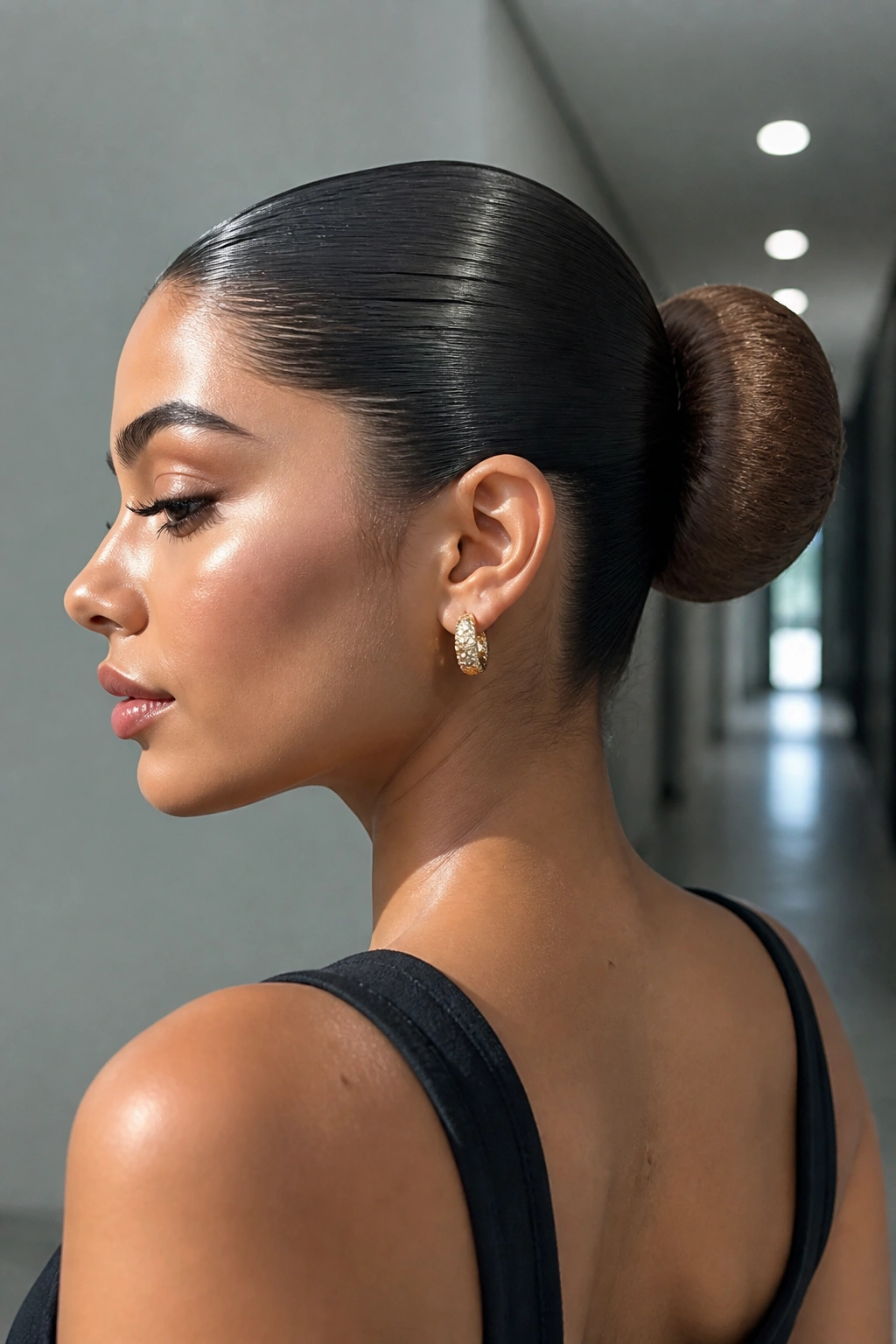 Close-up of a real person with a wet-look donut bun