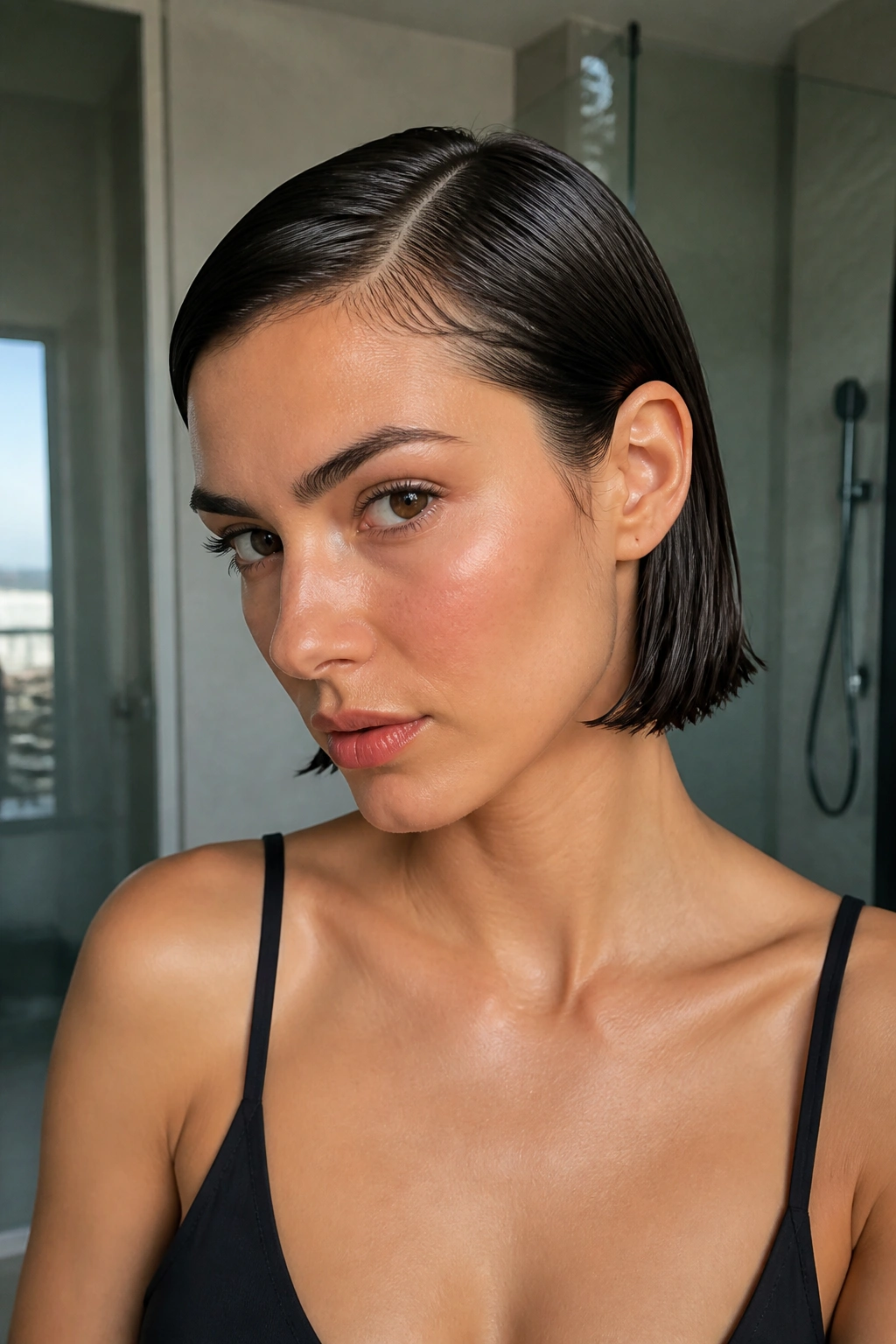 Close-up of real woman with wet-look French bob under natural light
