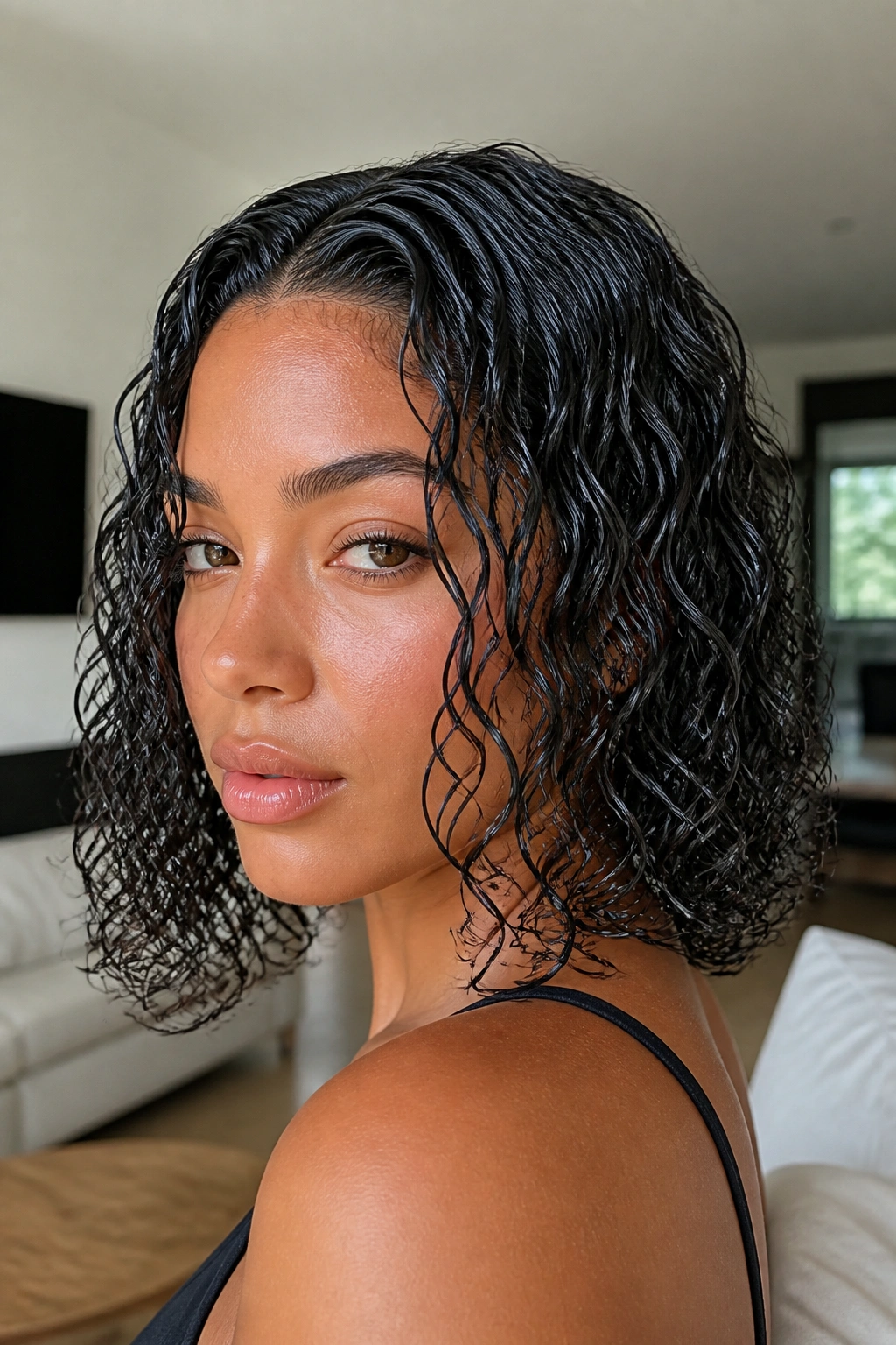 Close-up of a real person with a wet-look gel set