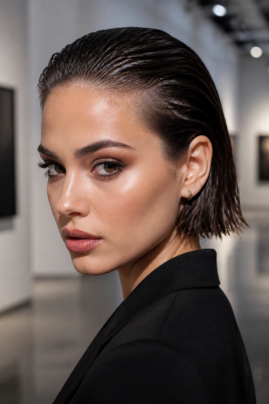 Real woman with glossy wet-look slicked-back bob in a modern gallery