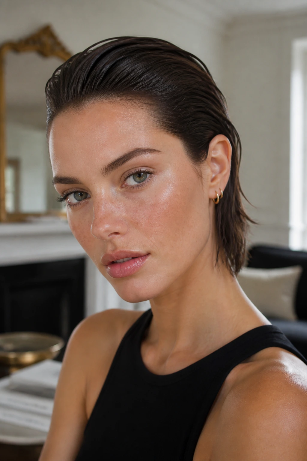 Real woman with wet-look hair slicked back away from the face.