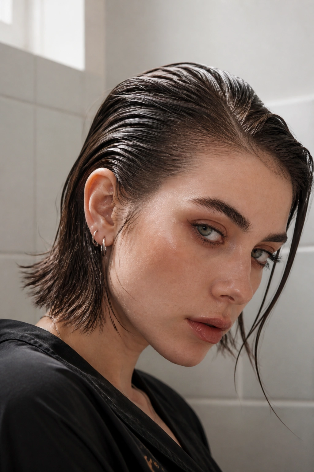 Close-up of a real person with wet-look slicked-back hair and soft ends