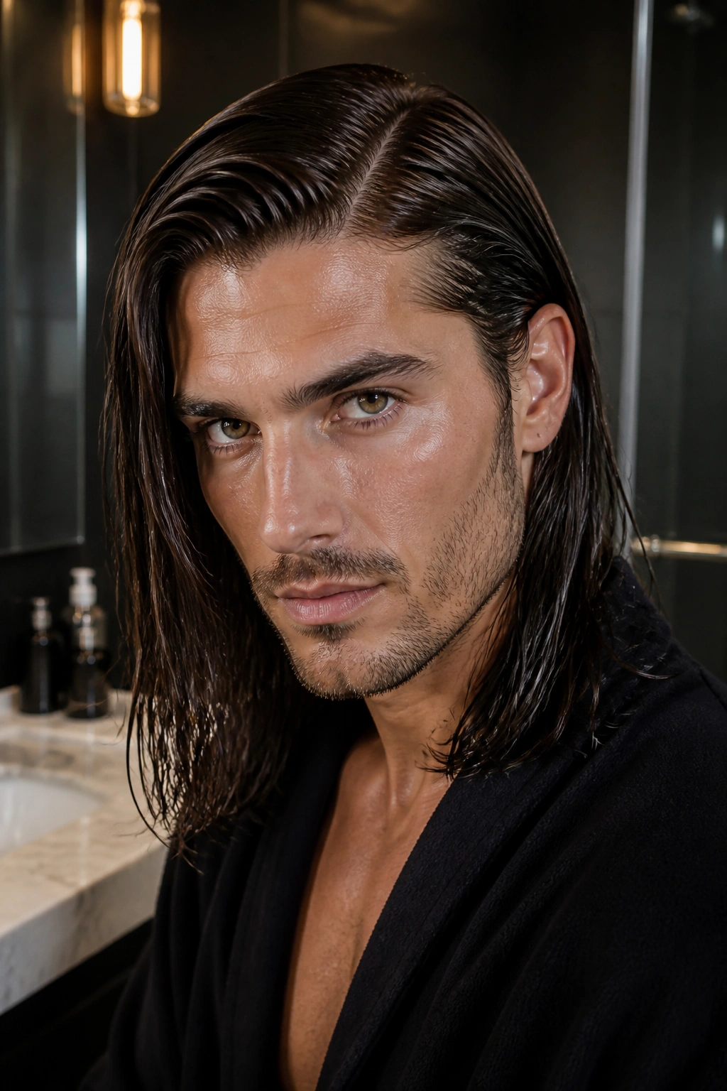 Close-up of a man with a glossy wet-look side part