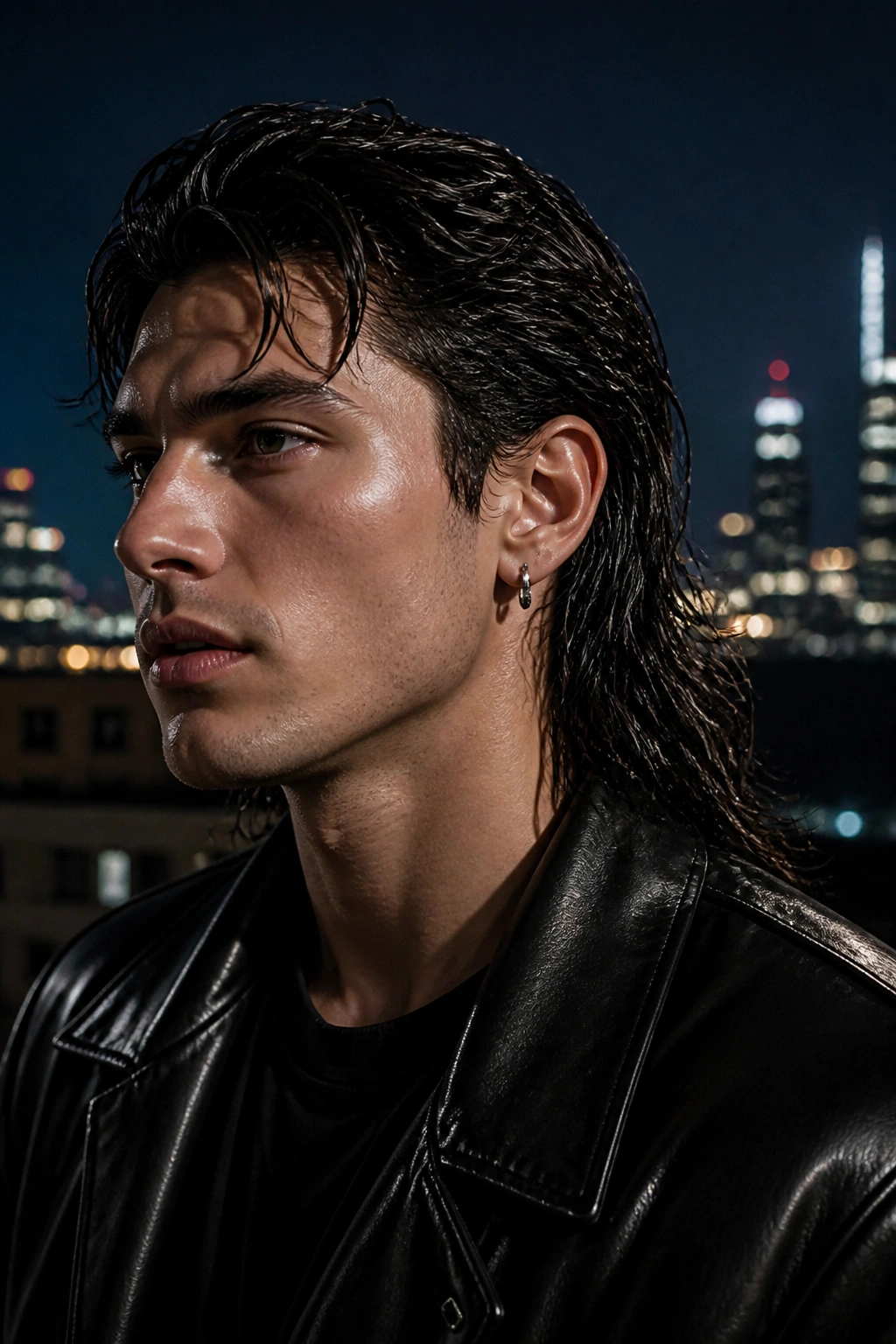 Real man with wet-look long mullet under city lights