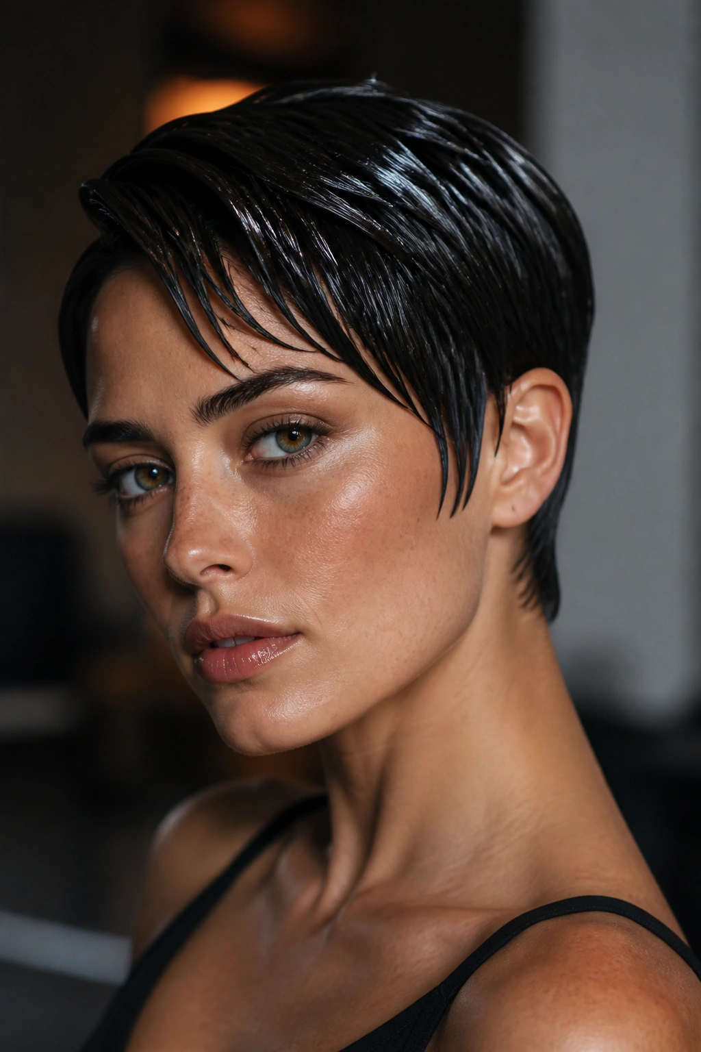 Real woman with wet-look pixie bob and glossy finish