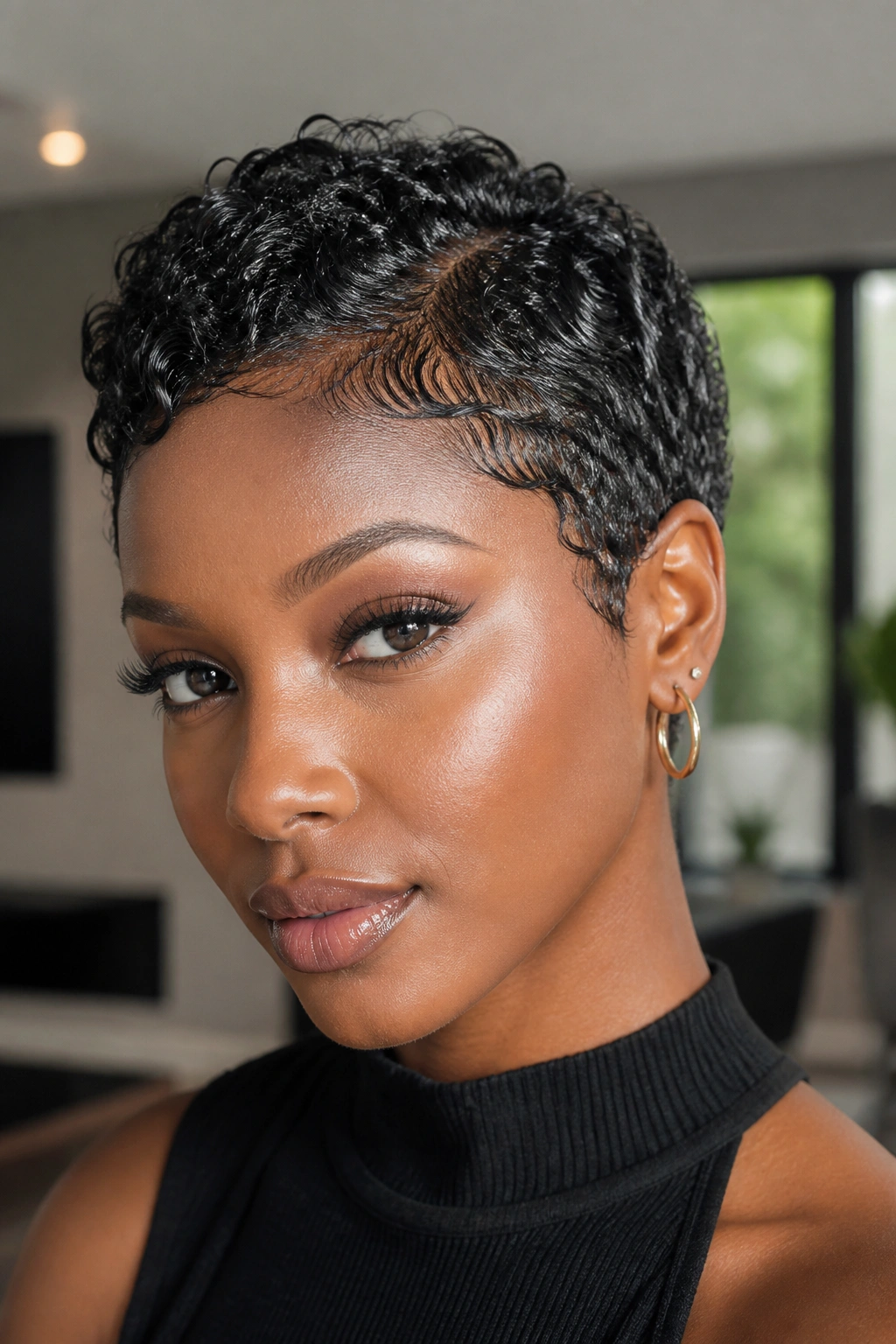 Close-up of a real woman with glossy wet-look curly pixie hairstyle.