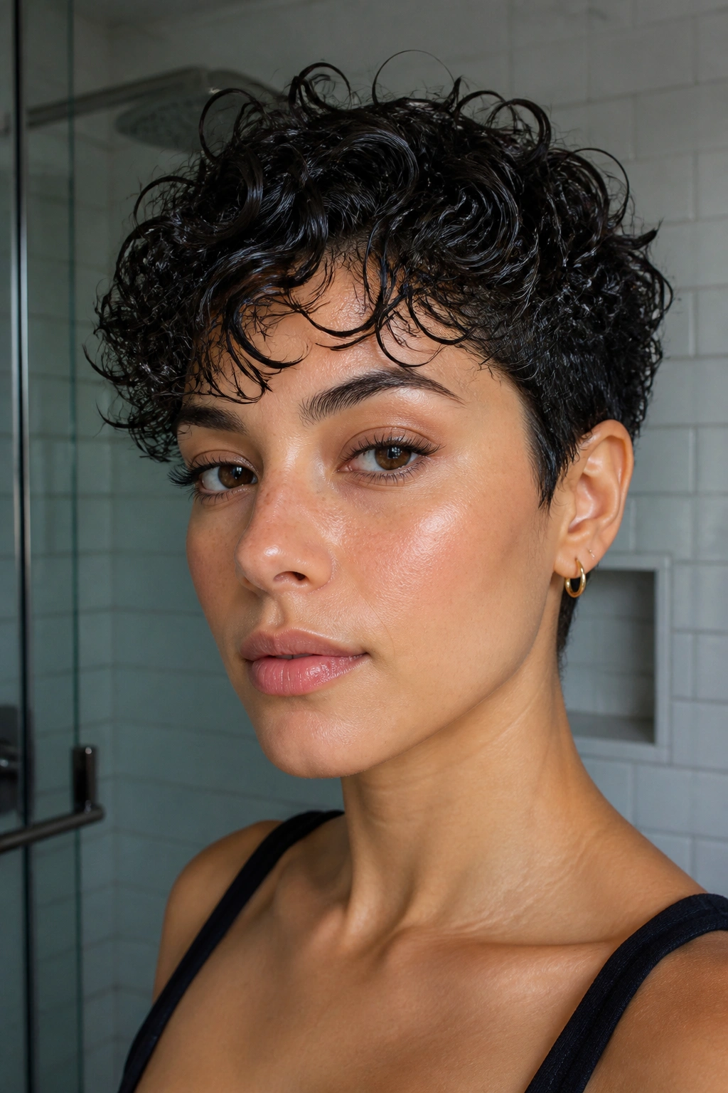 Real person with glossy wet-look curls in a stylish bathroom