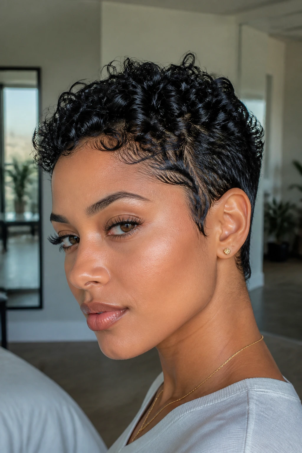 Real person with a wet-look curly pixie and defined edges