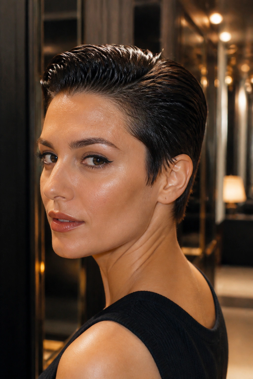 Close-up of a real woman with wet-look pixie hairstyle