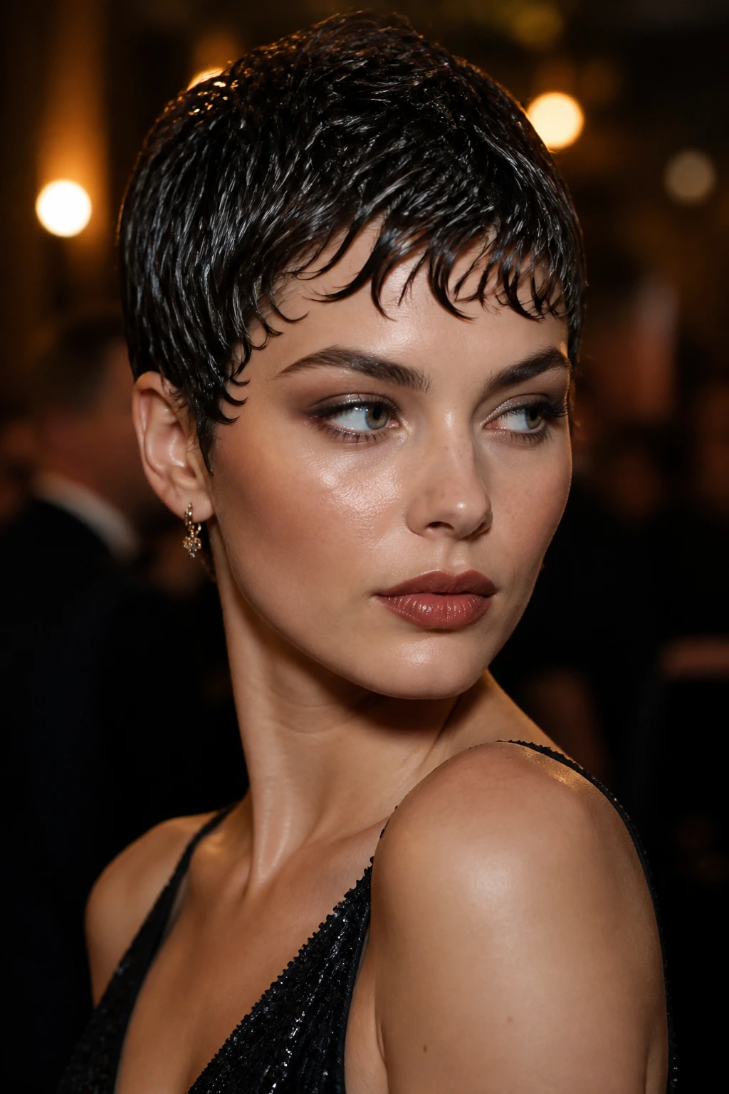 Close-up of a real person with a glossy wet-look pixie hairstyle