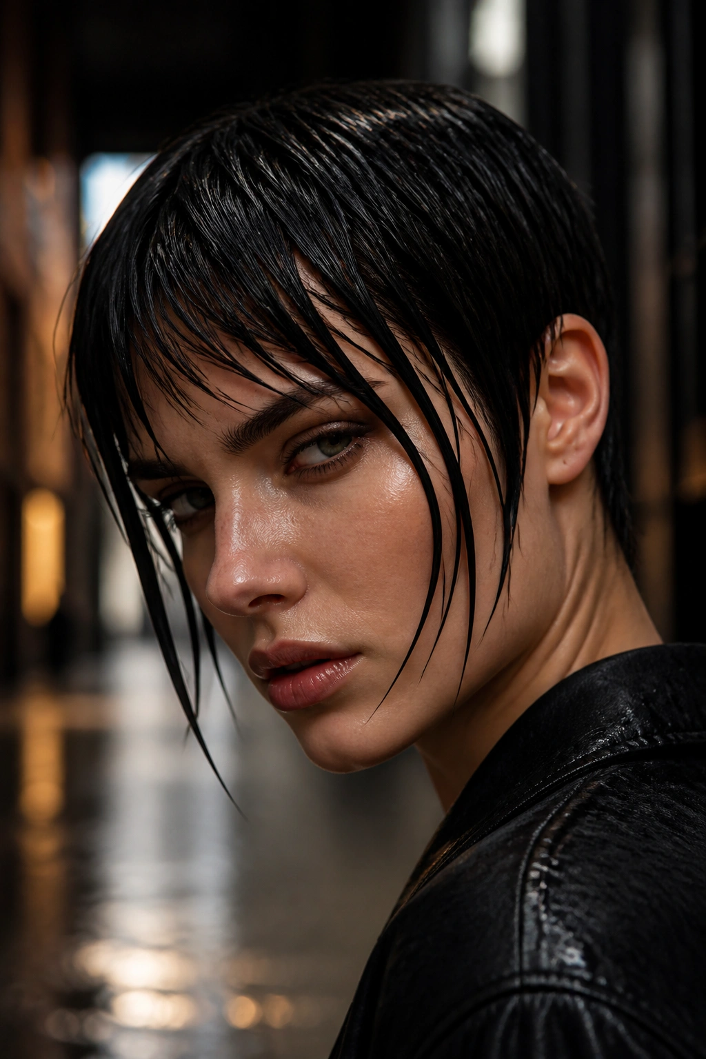 Close-up portrait of a real woman with a wet-look pixie and long front pieces.