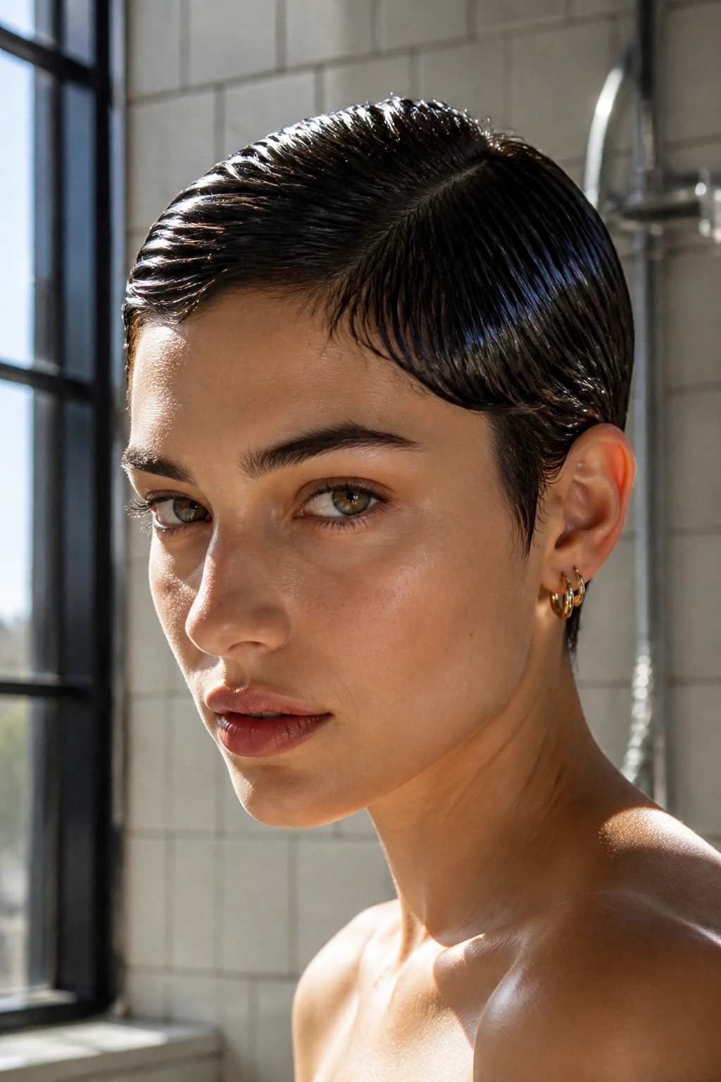 Close-up portrait of a real woman with a wet-look pixie, glossy hair slicked close to the scalp