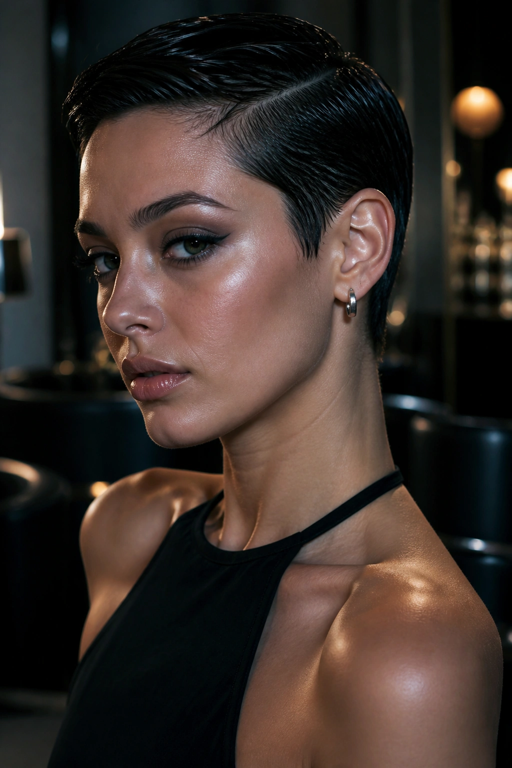 Portrait of woman with wet-look slicked pixie and glossy shine