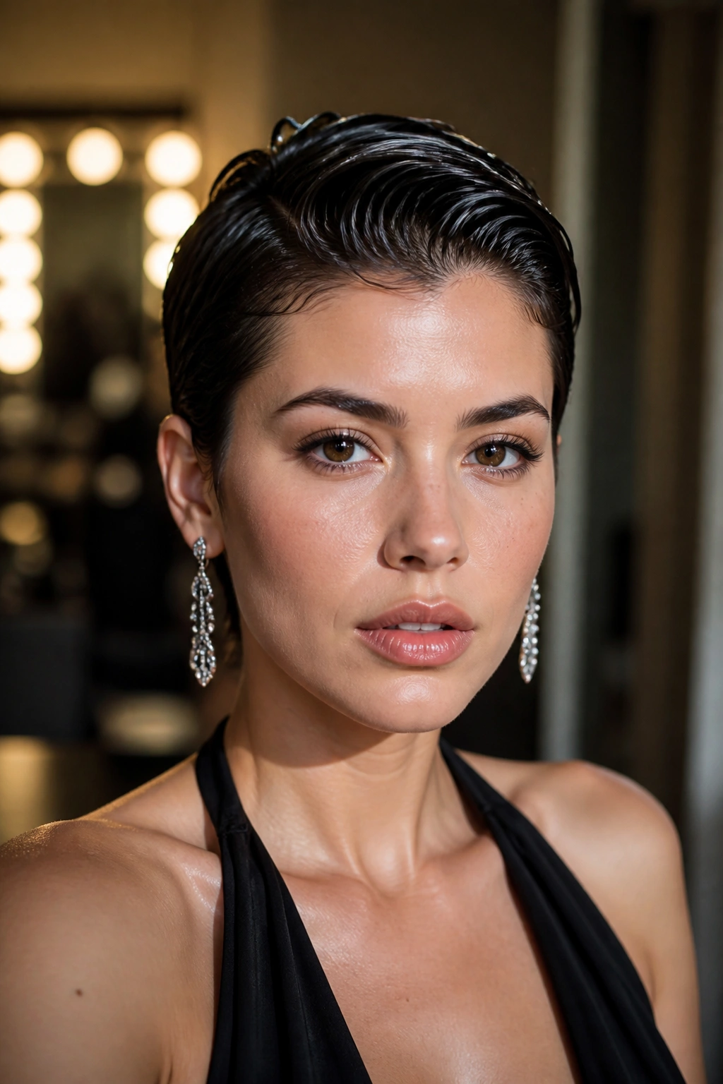 Close-up of a woman with a glossy wet-look pixie and earrings