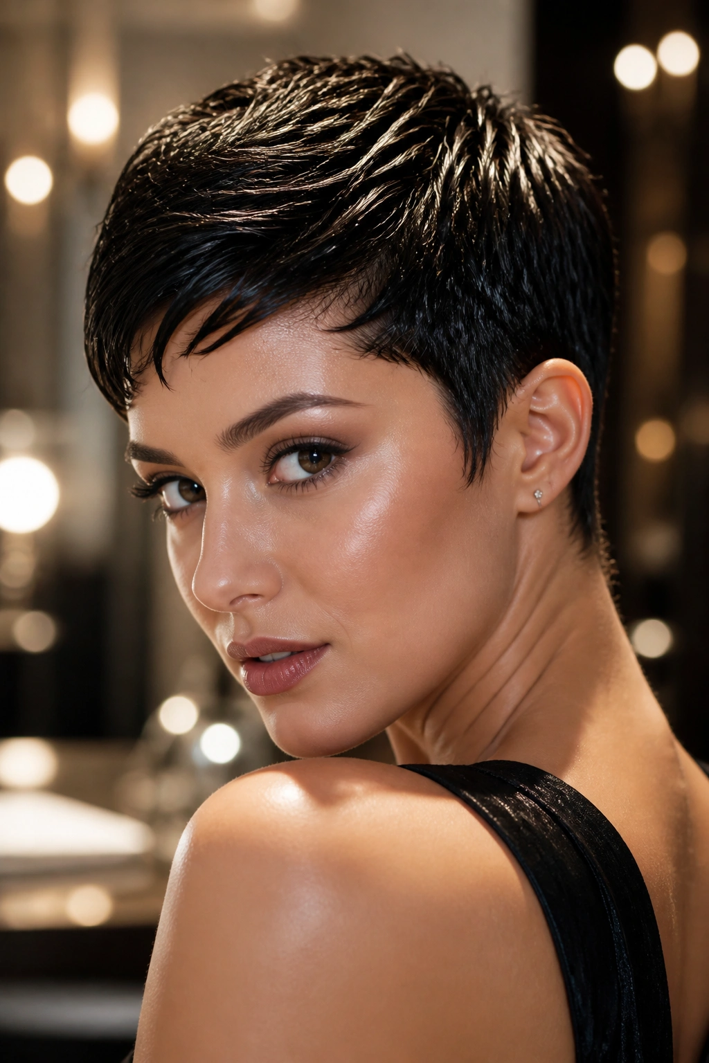 Close-up of real person with wet-look pixie and glossy shine