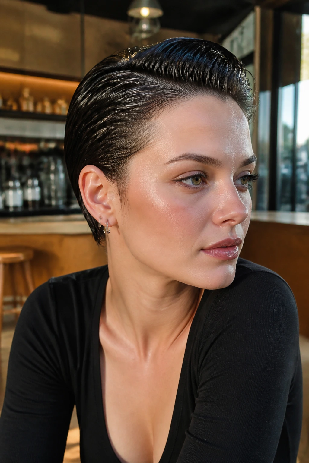 Portrait of real woman with wet-look slick pixie in a modern cafe