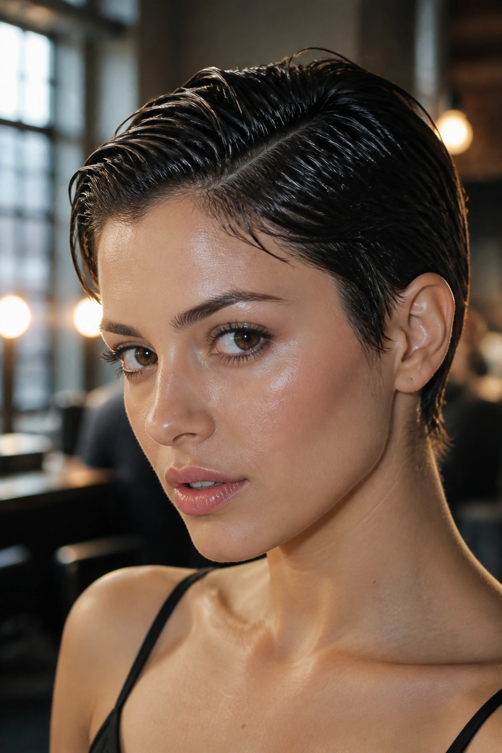 Close-up of a real person with a glossy wet-look pixie hairstyle in a backstage dressing area.