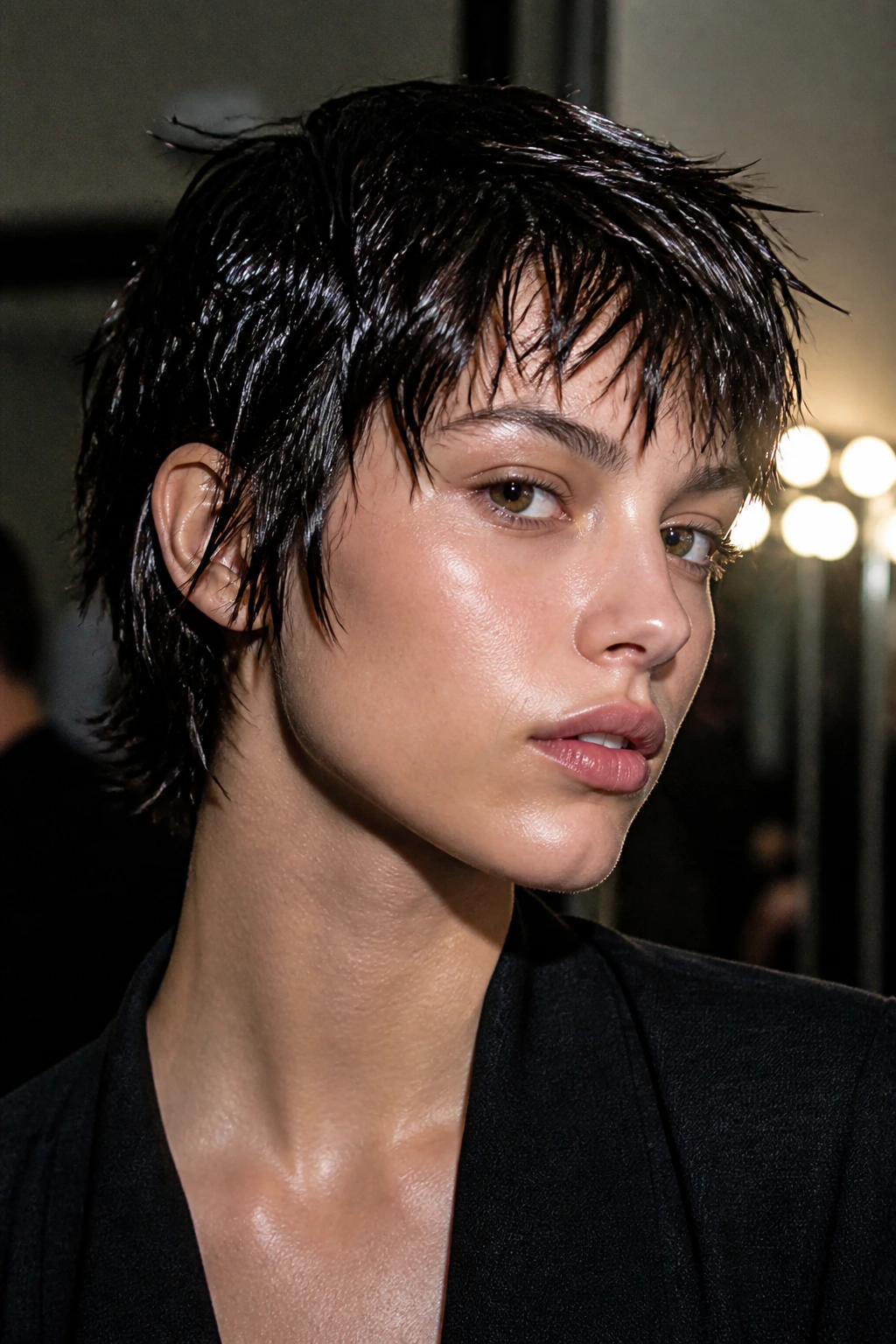 Real woman with wet-look shaggy pixie wolf on straight hair