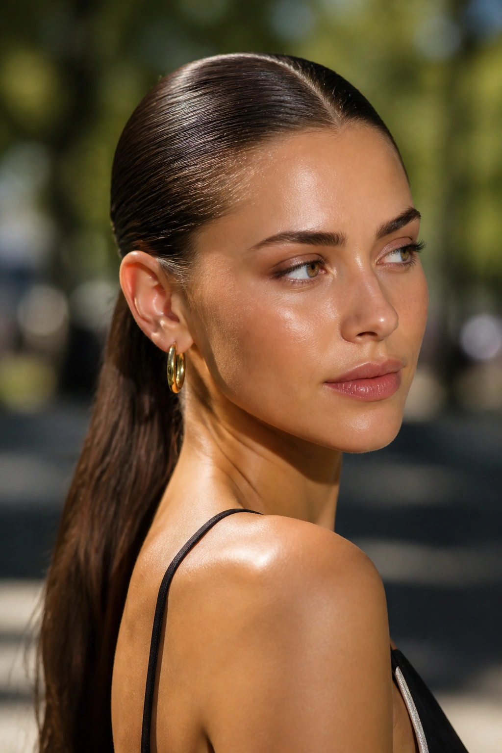 Close-up of a real woman with a glossy wet-look sleek ponytail outdoors