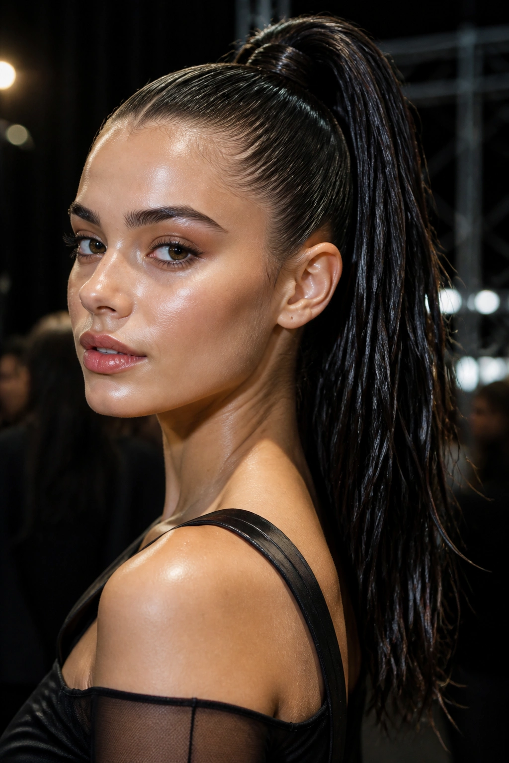 Close-up of a real woman with a wet-look ponytail under stage lighting