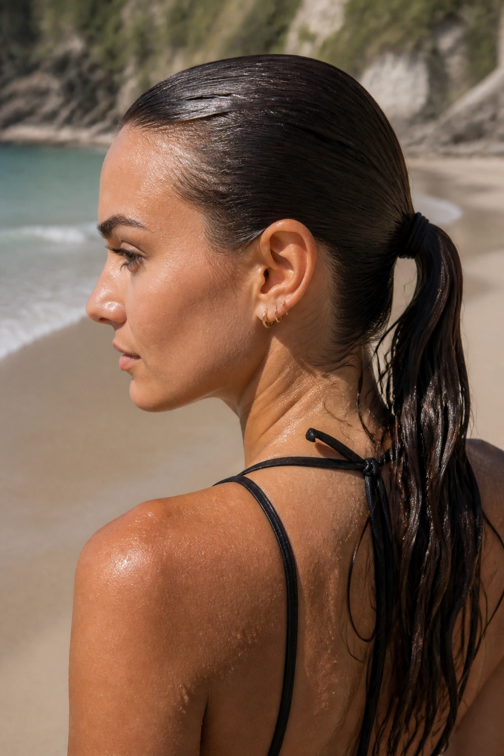 Close-up of a real woman with a wet-look ponytail at the beach.